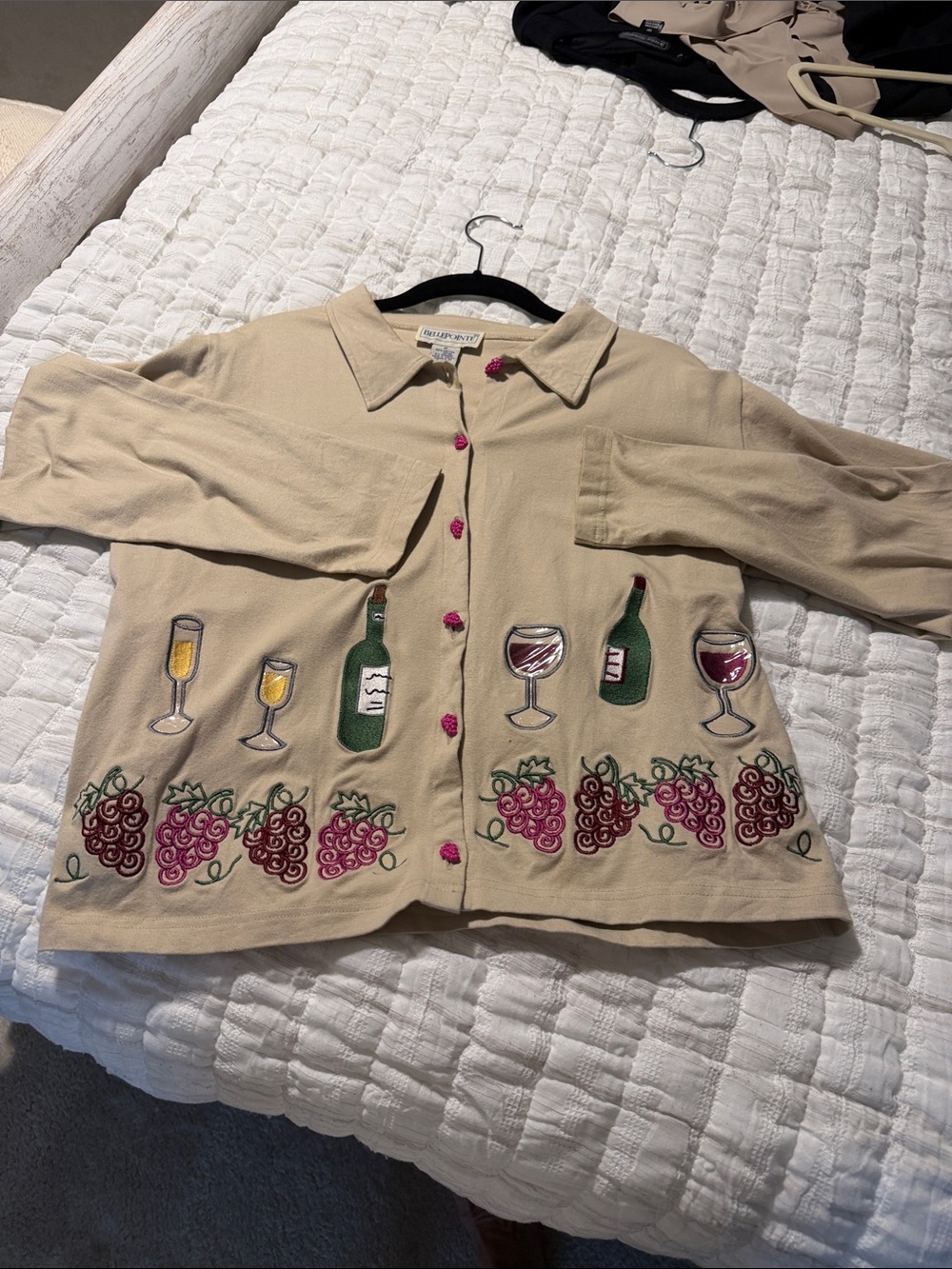 Fun Beige Embroidered Wine & Grape Button-Front Cardigan